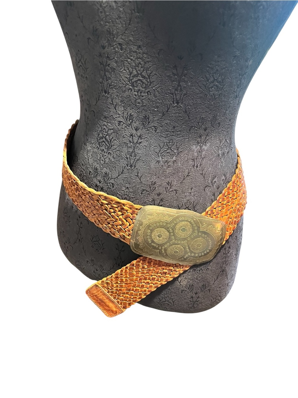 Moroccan Leather Wide Woven Belt Hand Tooled Brass Buckle Large Boho Festival